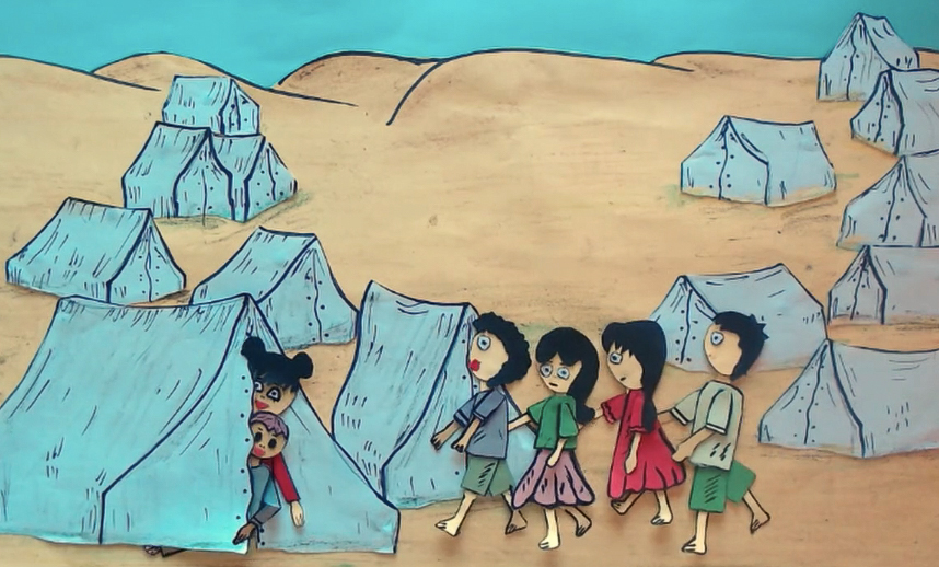 image from an animation, created by Palestinian children, depicting life in a tent encampment during Israel's war of annihilation against Gaza